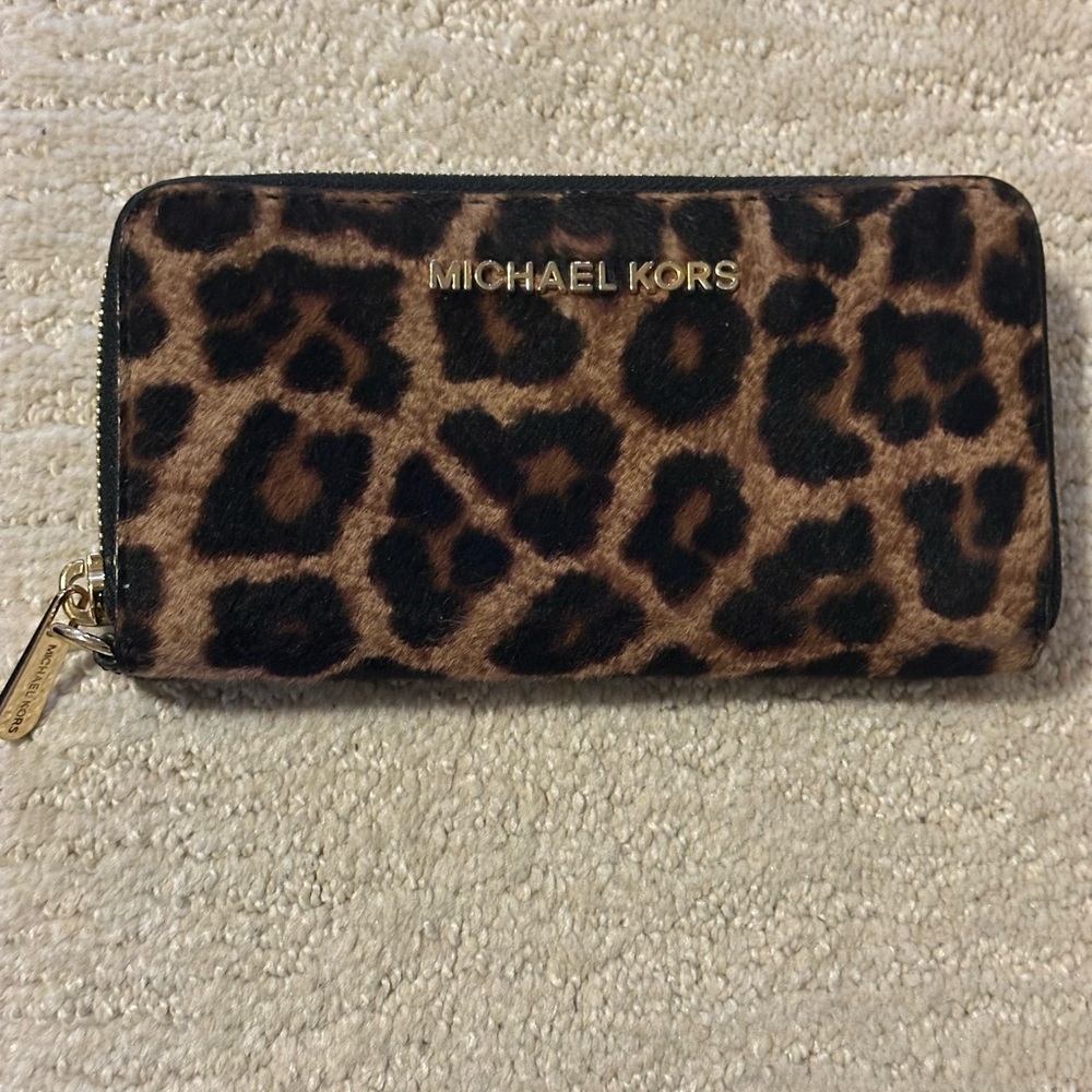 Michael Kors Brown Leopard Print calf hair wallet